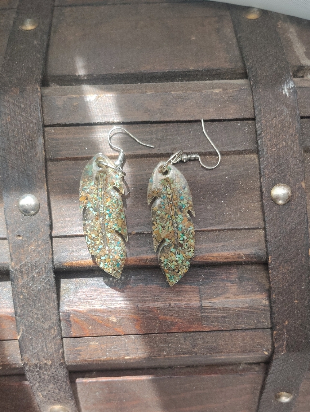 Handmade Teal and Gold Feather Drop Earrings - Women Jewelry